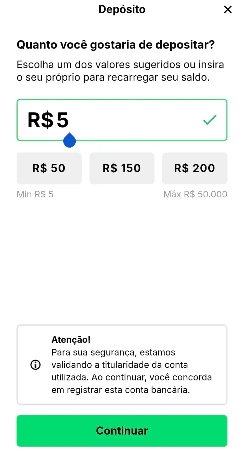 Captura de tela do menu de dep&oacute;sitos na KTO exibindo um pagamento de R$5.