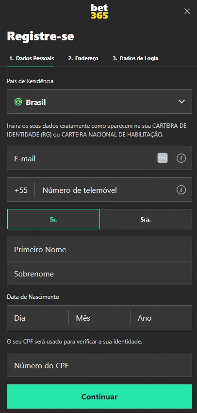 Tela de cadastro na Bet365