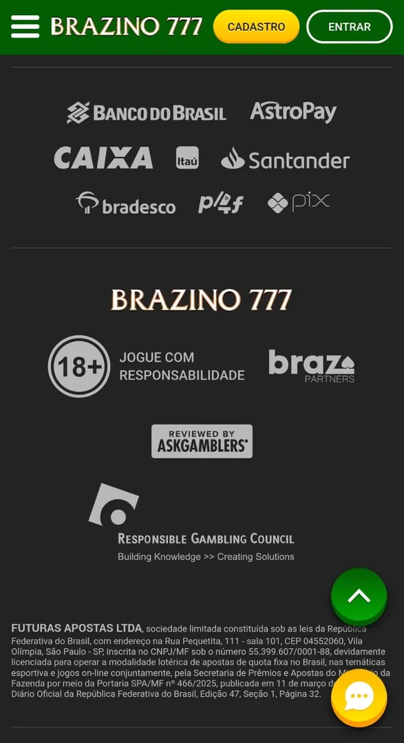 Captura de tela do rodap&eacute; da plataforma de apostas da Brazino777
