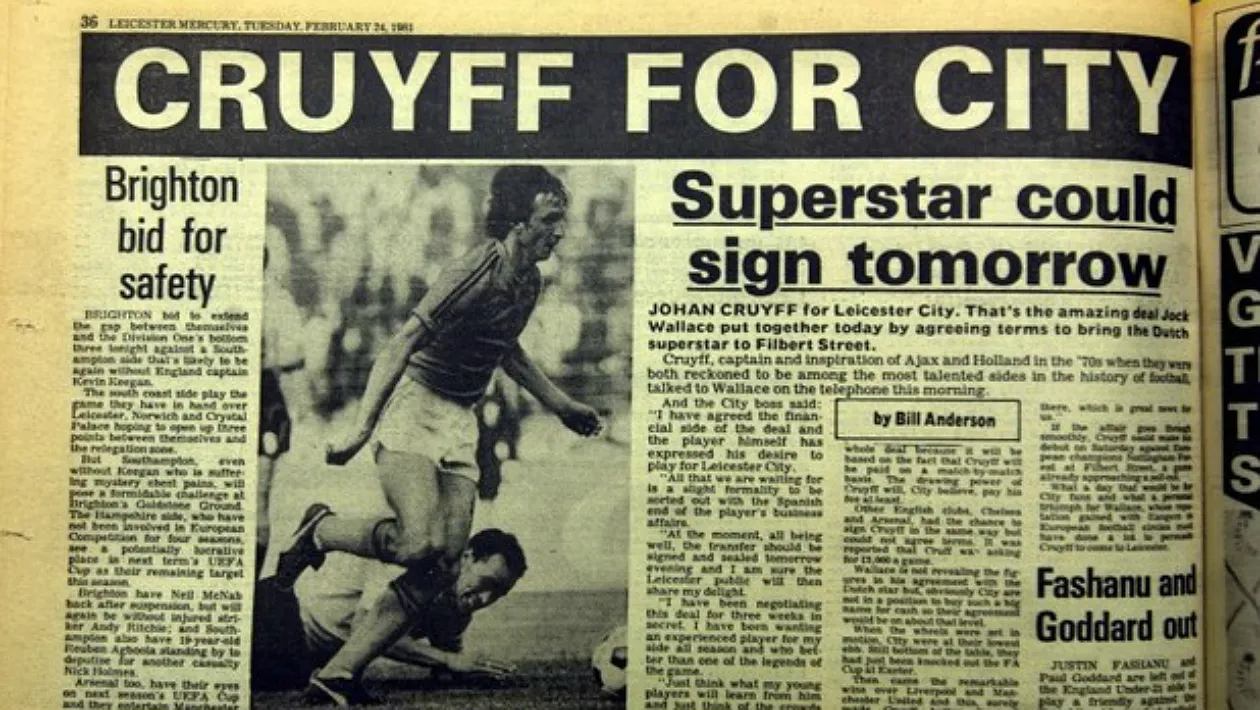 O dia em que Cruyff foi anunciado como refor&ccedil;o do Leicester