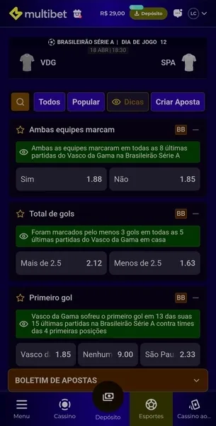 P&aacute;gina com as dicas de aposta dispon&iacute;veis em um jogo do Brasileir&atilde;o na Multibet
