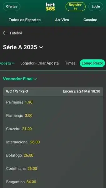 Captura de tela do site Bet365 com apostas de longo prazo no Campeonato Brasileiro
