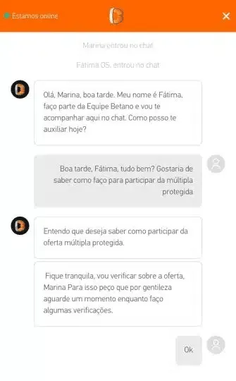Captura de tela de um atendimento no chat ao vivo da Betano