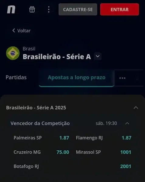 Captura de tela com as apostas de longo prazo do Brasileir&atilde;o 2025 na Novibet