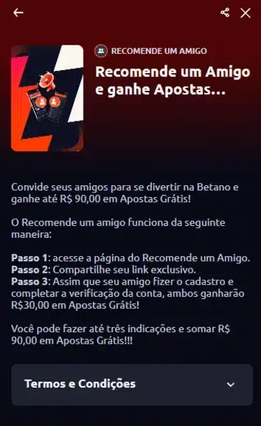 Banner promocional da oferta de recomenda&ccedil;&atilde;o de novos amigos para a Betano Brasil