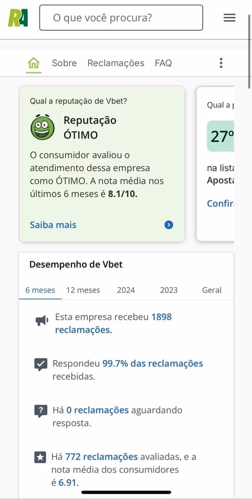 Captura de tela com a reputa&ccedil;&atilde;o e n&uacute;meros da Vbet no Reclame Aqui