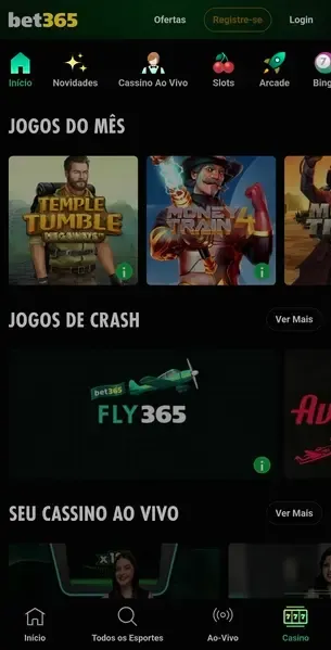 Captura de tela da p&aacute;gina inicial da se&ccedil;&atilde;o de cassino na Bet365 pelo celular