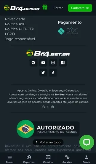 Rodap&eacute; da p&aacute;gina inicial da Br4bet com link direto a redes sociais e selo de bet legalizada pelo Minist&eacute;rio da Fazenda