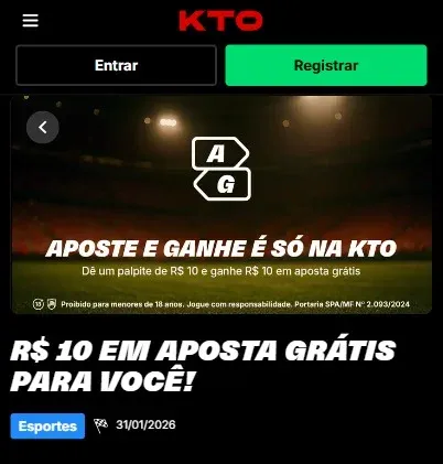 Captura de tela da promo&ccedil;&atilde;o de aposta gr&aacute;tis da KTO