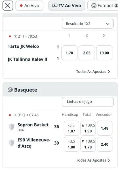 Captura de tela das op&ccedil;&otilde;es de streaming ao vivo na Sportingbet