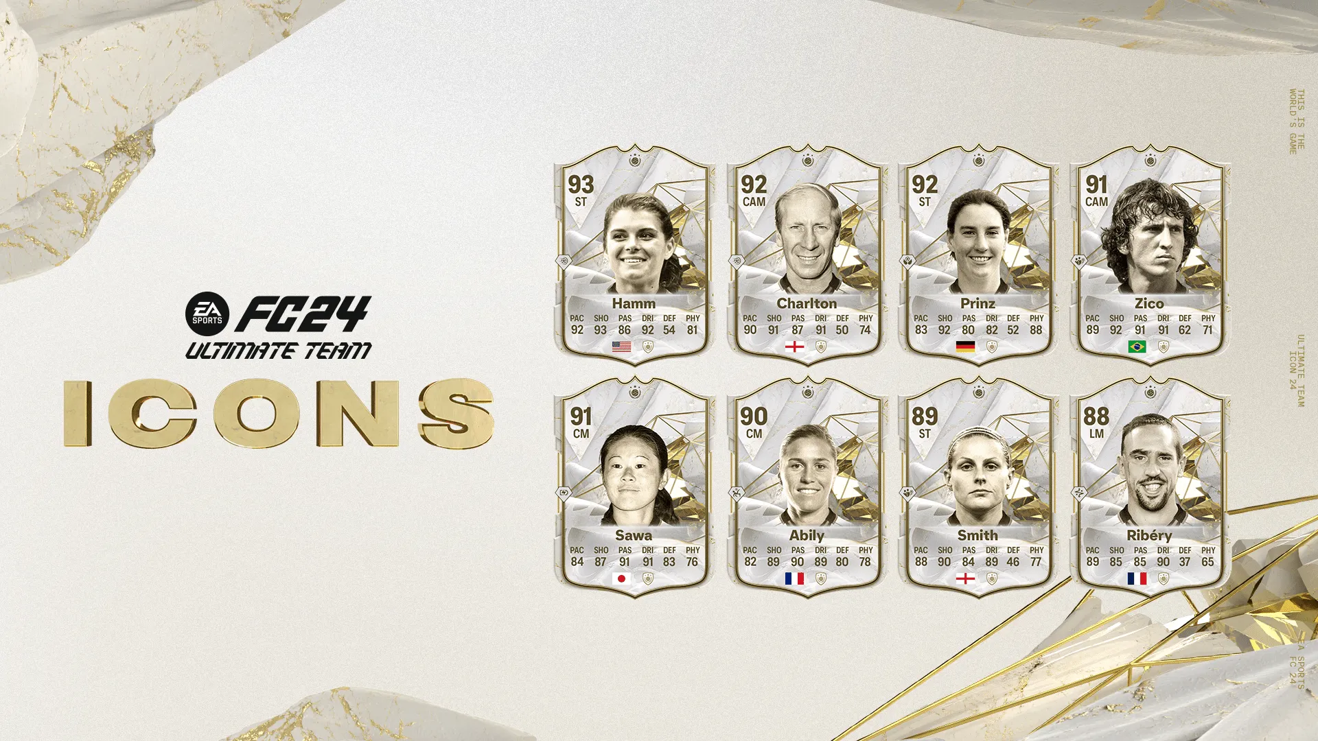 Mia Hamm, Charlton, Sawa, Zico e mais: EA Sports FC 24 revela novos &iacute;dolos