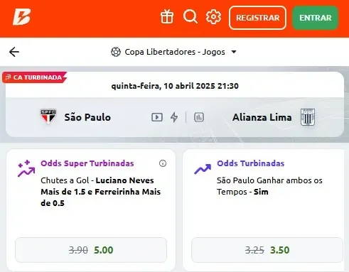 Captura de tela de uma partida da Betano com Criar Aposta Turbinada e Odds Turbinadas