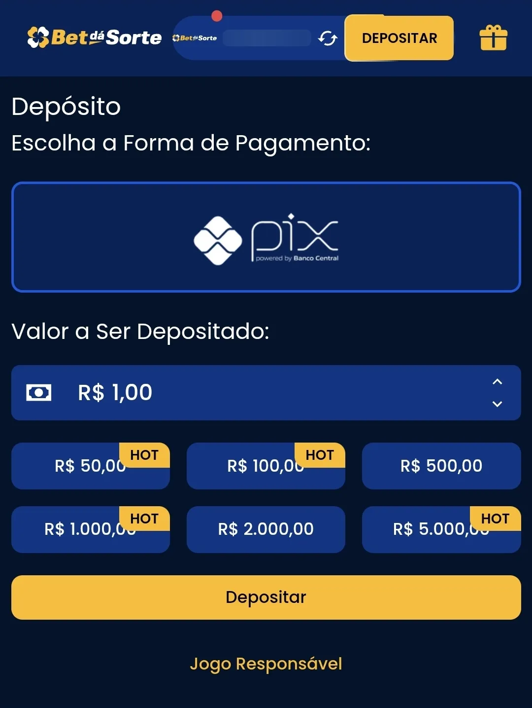 Captura de tela da se&ccedil;&atilde;o de dep&oacute;sito na Bet d&aacute; Sorte, uma plataforma que aceita pagamentos a partir de 1 real.