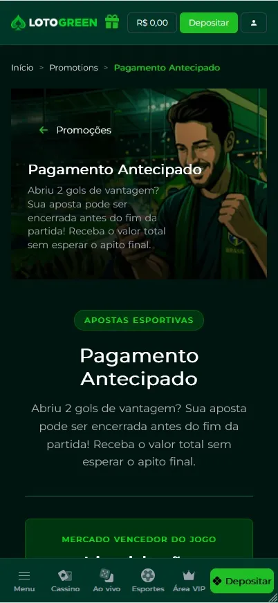 Promo&ccedil;&atilde;o Pagamento Antecipado Lotogreen para apostas esportivas com vantagem de 2 gols
