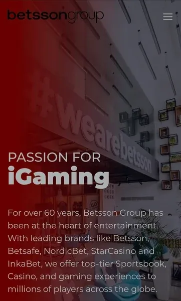 P&aacute;gina inicial do site da Betsson Group e uma breve explica&ccedil;&atilde;o sobre a hist&oacute;ria da marca
