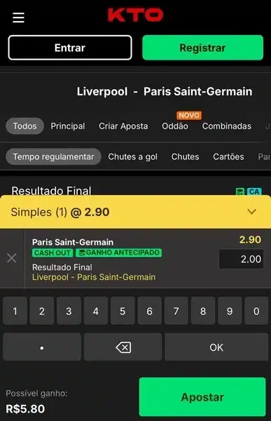 Exemplo de aposta na KTO usando um valor de apenas R$2

