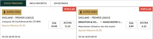 Jogos principais da p&aacute;gina inicial de esportes da Caesars Brasil