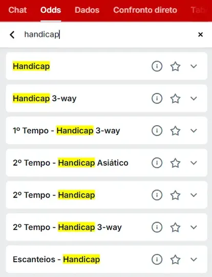 Captura de tela das op&ccedil;&otilde;es de mercado em Handicap na Superbet.