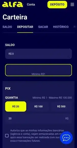 Captura de tela da p&aacute;gina de dep&oacute;sitos na Alfabet