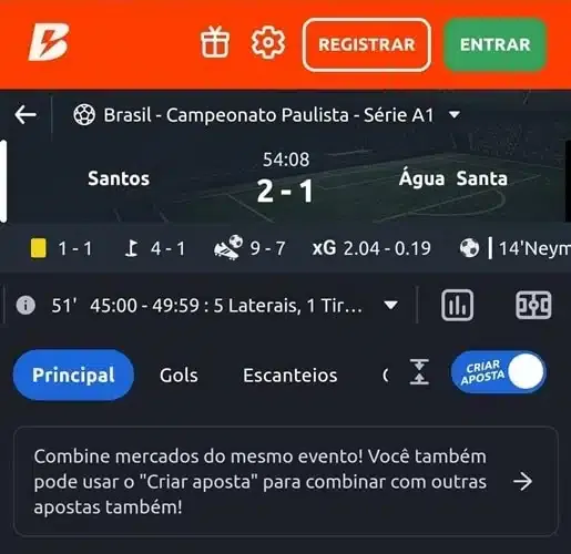 Captura de tela da p&aacute;gina de uma partida na Betano com o Criar Aposta ativado