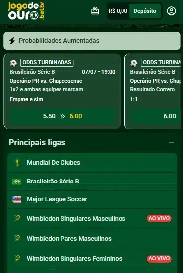 Captura de tela das melhores oportunidades esportivas na Jogo de Ouro Bet