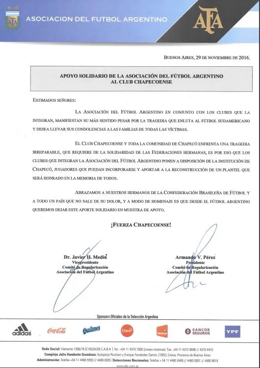 Carta da AFA &agrave; CBF se colocando &agrave; disposi&ccedil;&atilde;o da Chapecoense