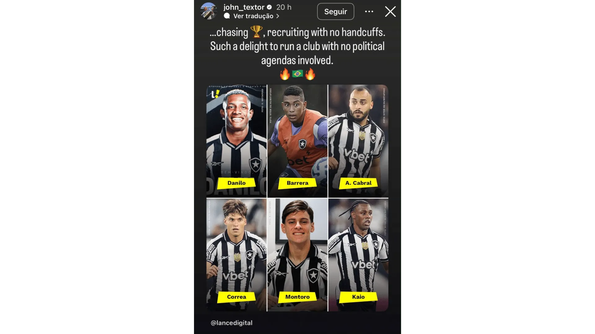 Textor celebra contrata&ccedil;&otilde;es do Botafogo