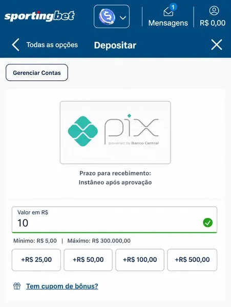 Pagamentos via Pix na Sportingbet est&atilde;o dispon&iacute;veis a partir de R$5
