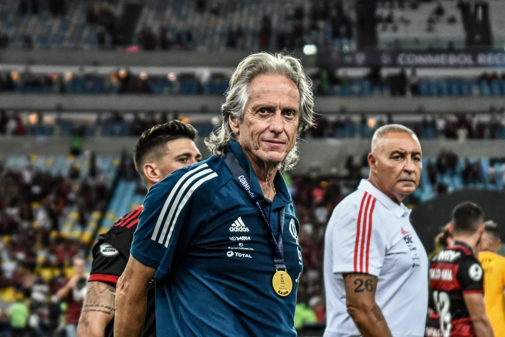Jorge Jesus na Recopa vencida pelo Flamengo contra o Del Valle, em 2020 (Foto: IMAGO /&nbsp;Fotoarena)