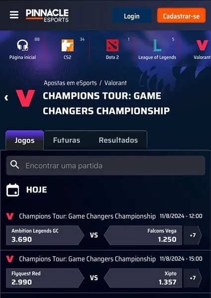 Captura de tela do Centro de Esports da Pinnacle