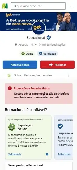Captura de tela da p&aacute;gina inicial da Betnacional no Reclame Aqui, com avalia&ccedil;&otilde;es e comprova&ccedil;&atilde;o de verifica&ccedil;&atilde;o
