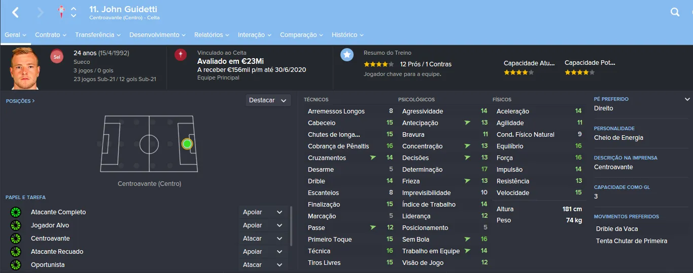 John Guidetti, o artilheiro do time, em perfil do jogo