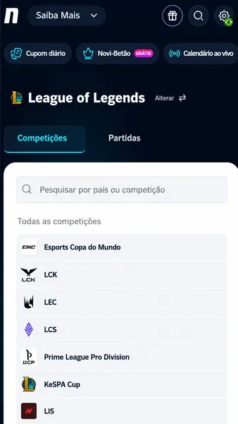O app da Novibet cobre as principais ligas de eSports, basquete e t&ecirc;nis
