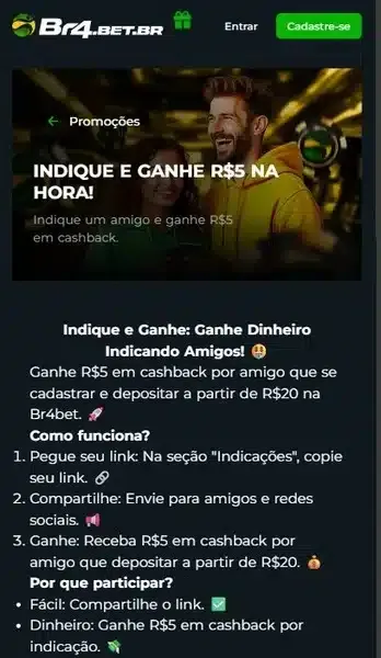 Captura de tela do b&ocirc;nus de cashback da Br4bet Brasil