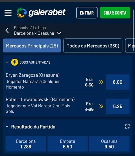 Captura de tela das odds aumentadas para jogo do Barcelona na Galera Bet