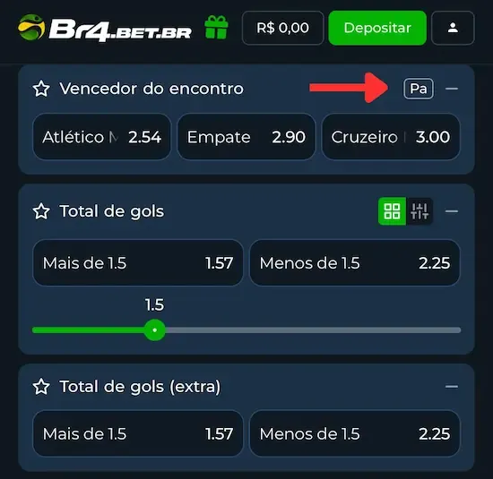 O Pagamento Antecipado &eacute; identificado na plataforma Br4bet pelo &iacute;cno "Pa"