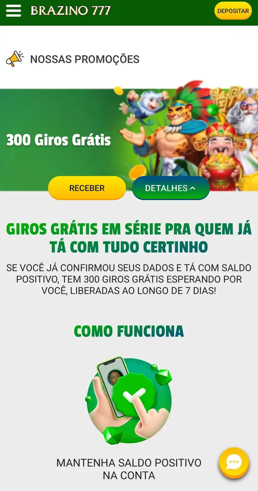 P&aacute;gina da promo&ccedil;&atilde;o de 300 giros gr&aacute;tis para novos jogadores da Brazino777