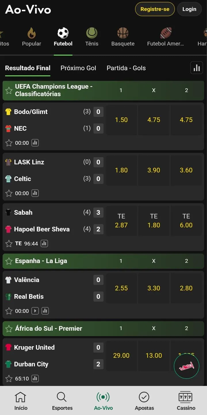 Apostas do vivo para o mercado de Resultado Final na Bet365
