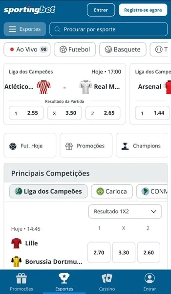 Captura de tela da p&aacute;gina inicial da Sportingbet