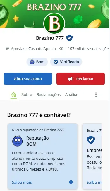 Captura de tela da p&aacute;gina da Brazino777 no Reclame Aqui