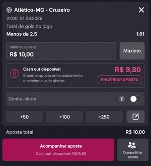 Aposta em jogo da Copa do Brasil com a op&ccedil;&atilde;o cash out (encerrar aposta) dispon&iacute;vel na Vbet
