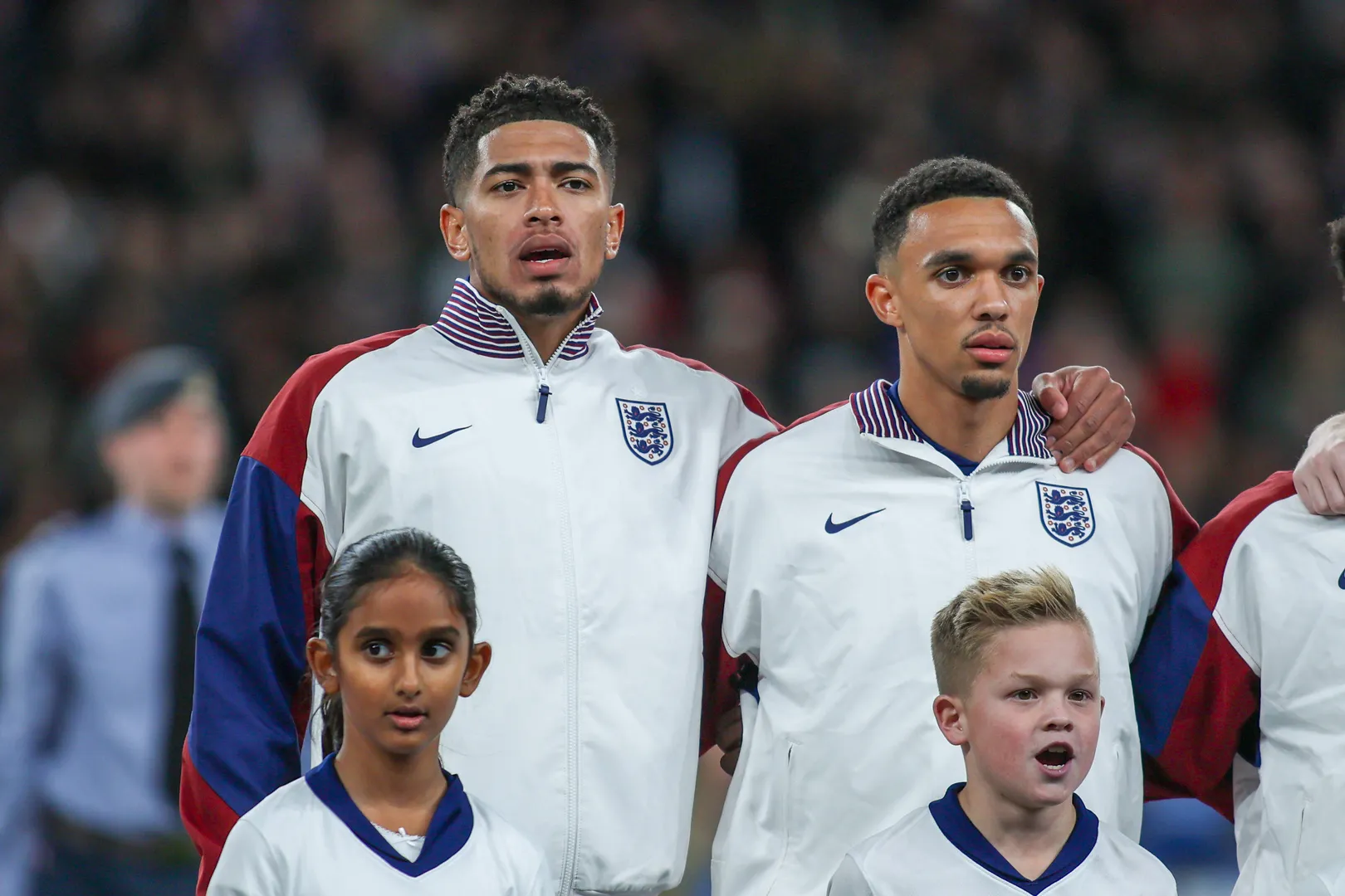 London, England, October 10th 2024: Jude Bellingham (8 England) and Trent Alexander-Arnold (2 England) during the UEFA N