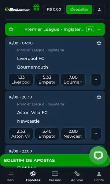 Captura de tela dos jogos da Premier League na Br4Bet