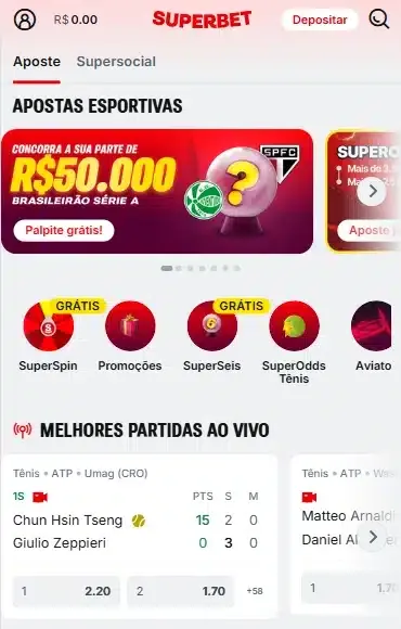 Captura de tela da p&aacute;gina de apostas da Superbet