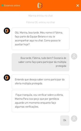 Tela de atendimento Betano