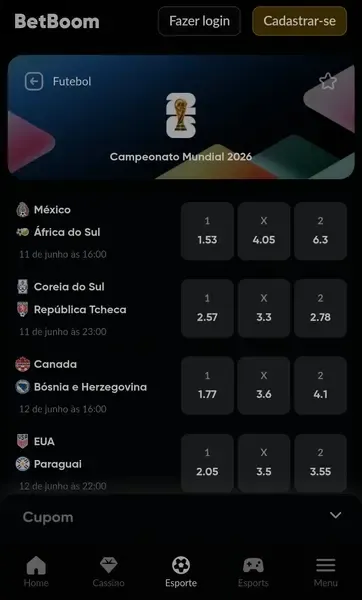Mercados de apostas dispon&iacute;veis na Betboom durante a Copa do Mundo de 2026