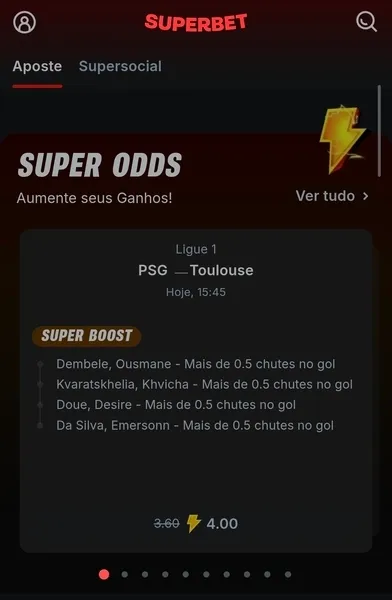 P&aacute;gina inicial da Superbet com Super Boost e Super Odds dispon&iacute;veis