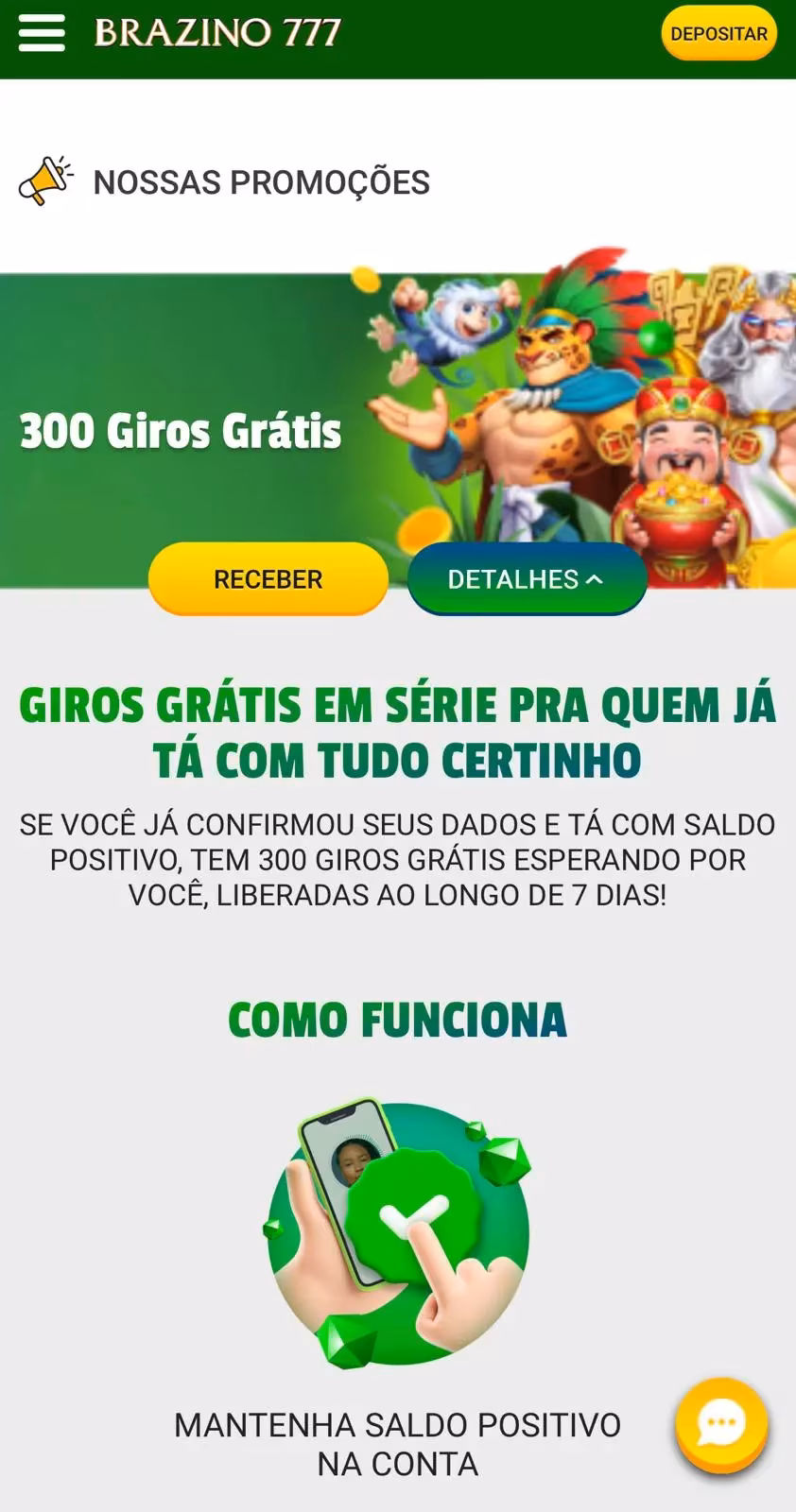 P&aacute;gina da promo&ccedil;&atilde;o de 300 giros gr&aacute;tis para novos jogadores da Brazino777