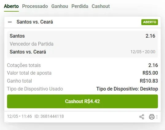 Captura de tela com uma aposta feita na Lottoland com cash out dispon&iacute;vel