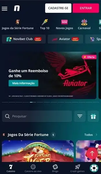 Captura de tela da p&aacute;gina de cassino da Novibet com cashback de 10% em Aviator
